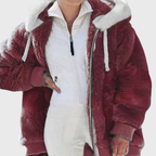 Womens sherpa jacket in Red, plush hood and full zip, side view