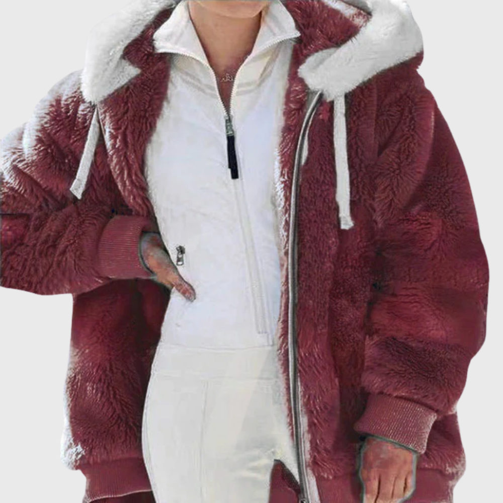 Womens sherpa jacket in Red, plush hood and full zip, side view