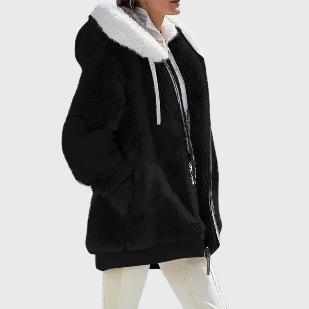 Womens sherpa jacket in Black, plush hood and full zip, side view