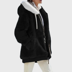 Womens sherpa jacket in Black, plush hood and full zip, side view