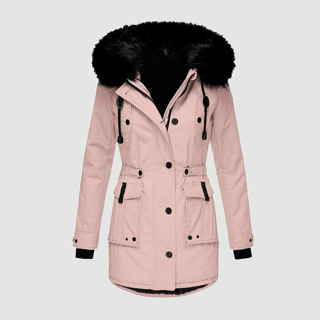 Womens parka with faux fur hood in Light Pink, front view, drawstring waist and flap pockets