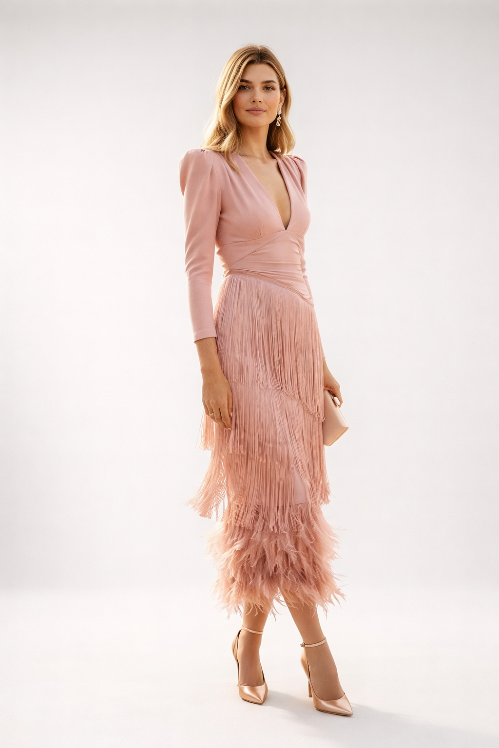 Womens fringe midi dress in Pink, front view