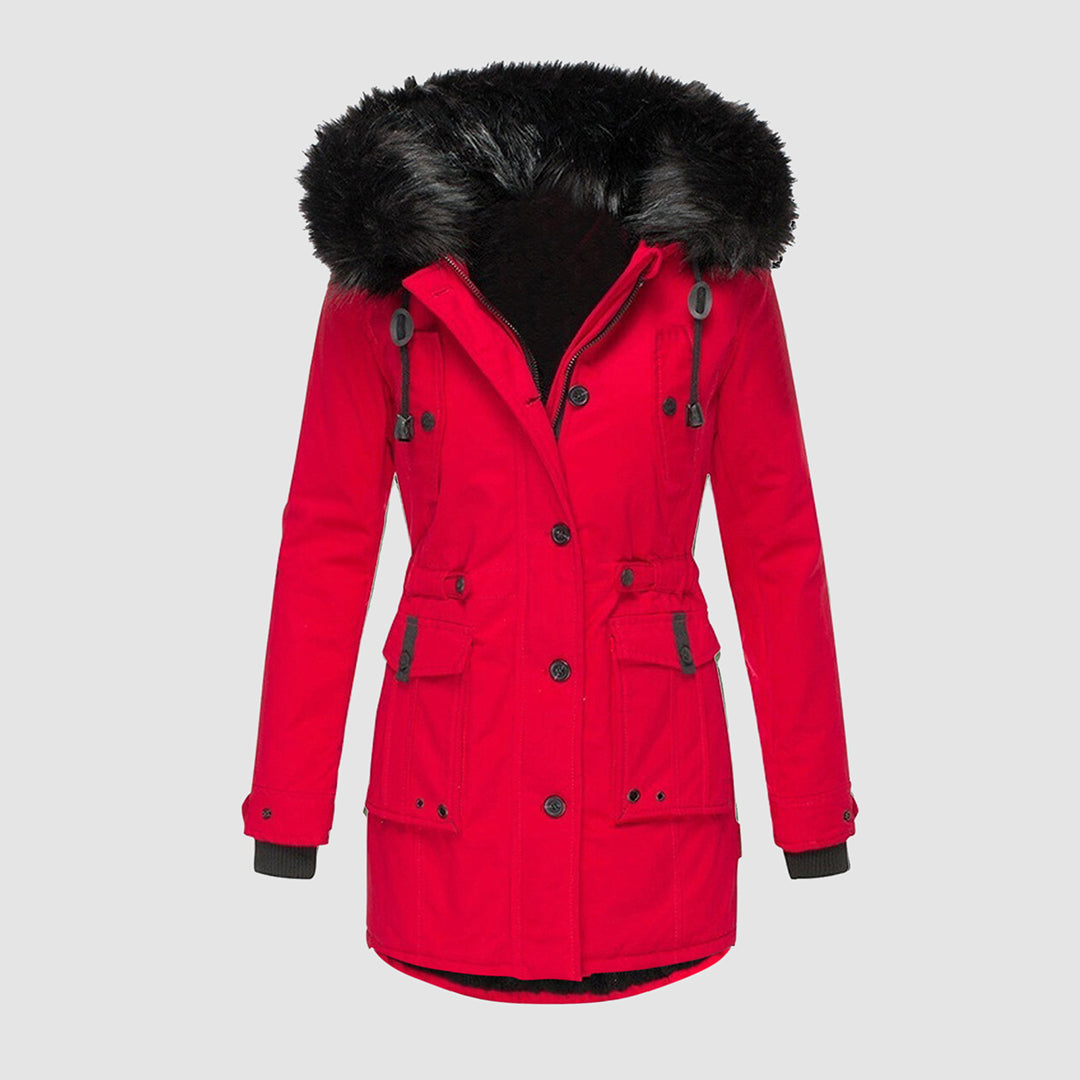 Womens parka with faux fur hood in Red, front view, drawstring waist and flap pockets