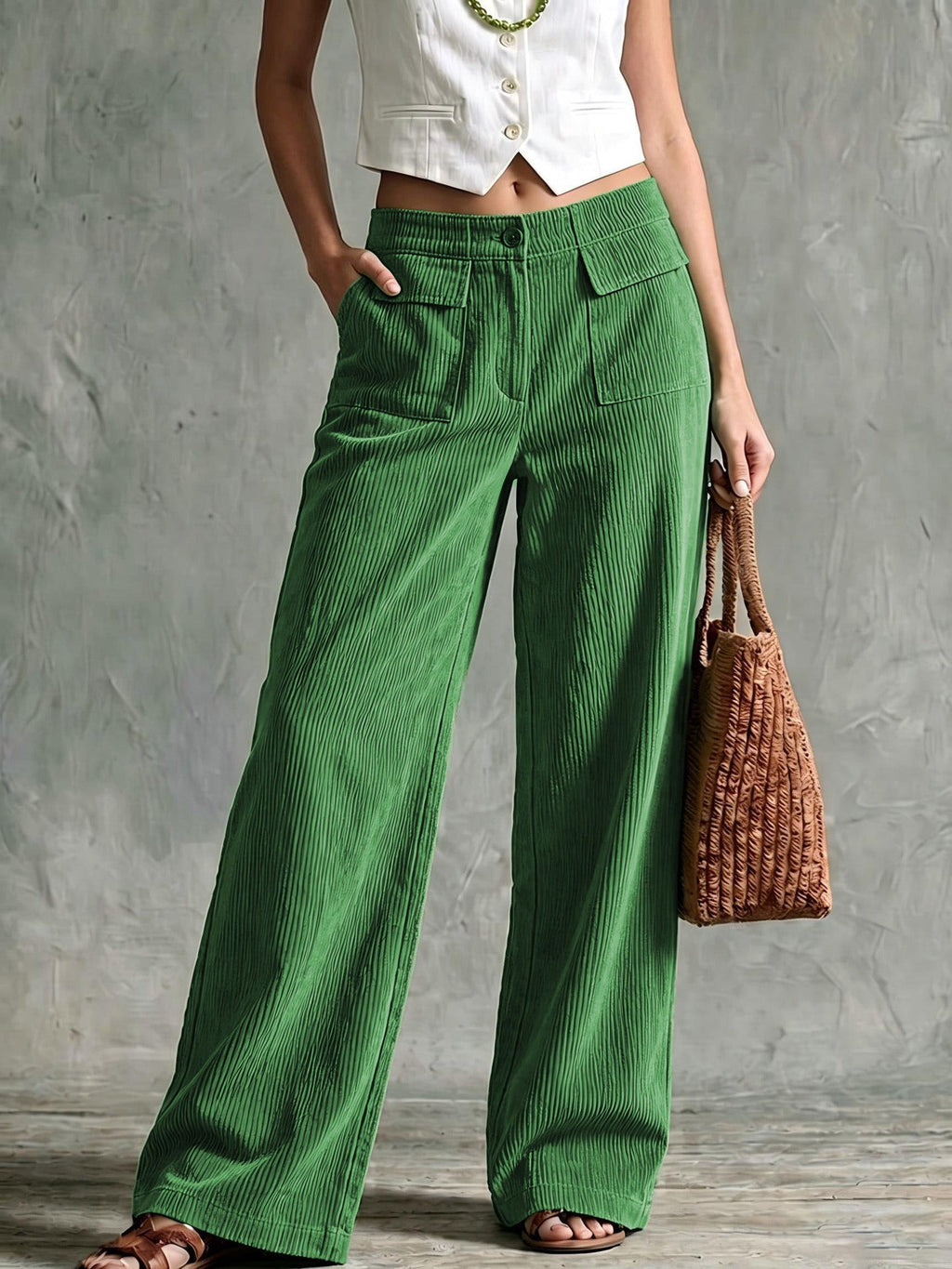 Womens wide leg corduroy pants in Green, front view