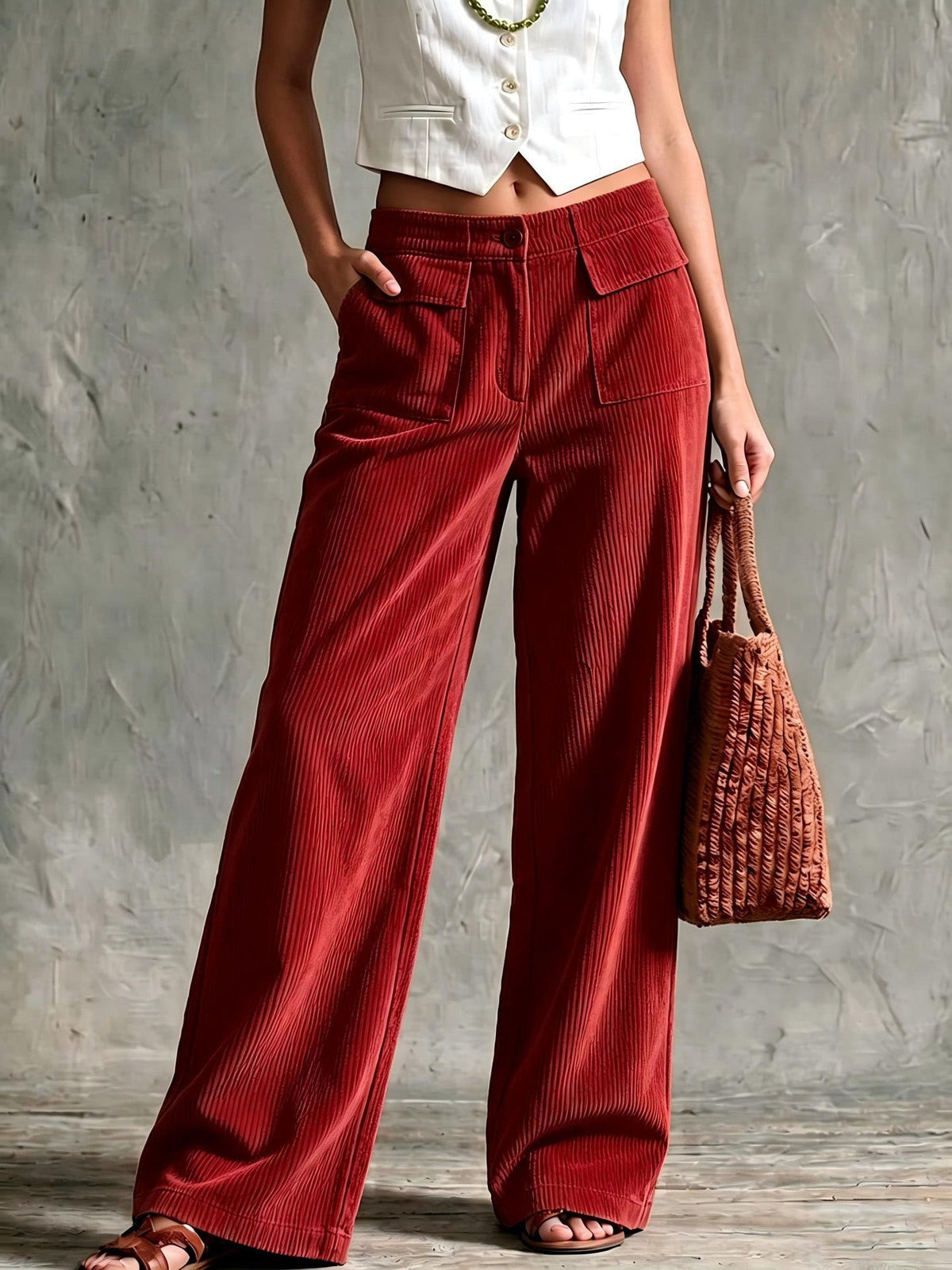 Womens wide leg corduroy pants in Red, front view