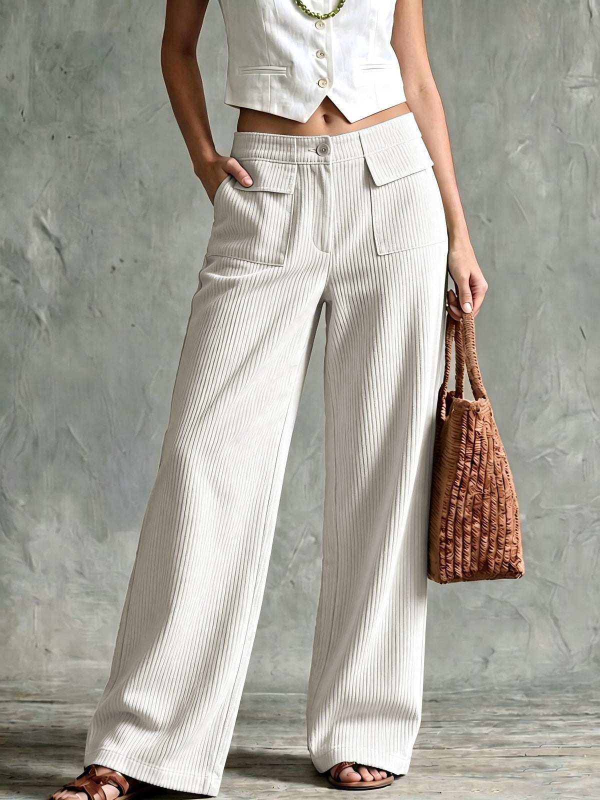 Womens wide leg corduroy pants in White, front view