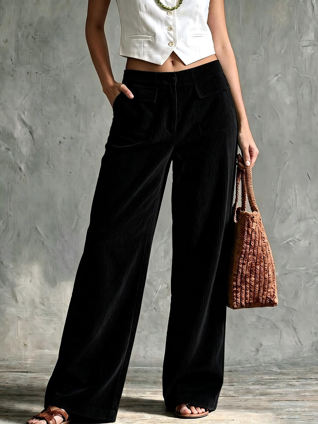 Womens wide leg corduroy pants in Black, front view