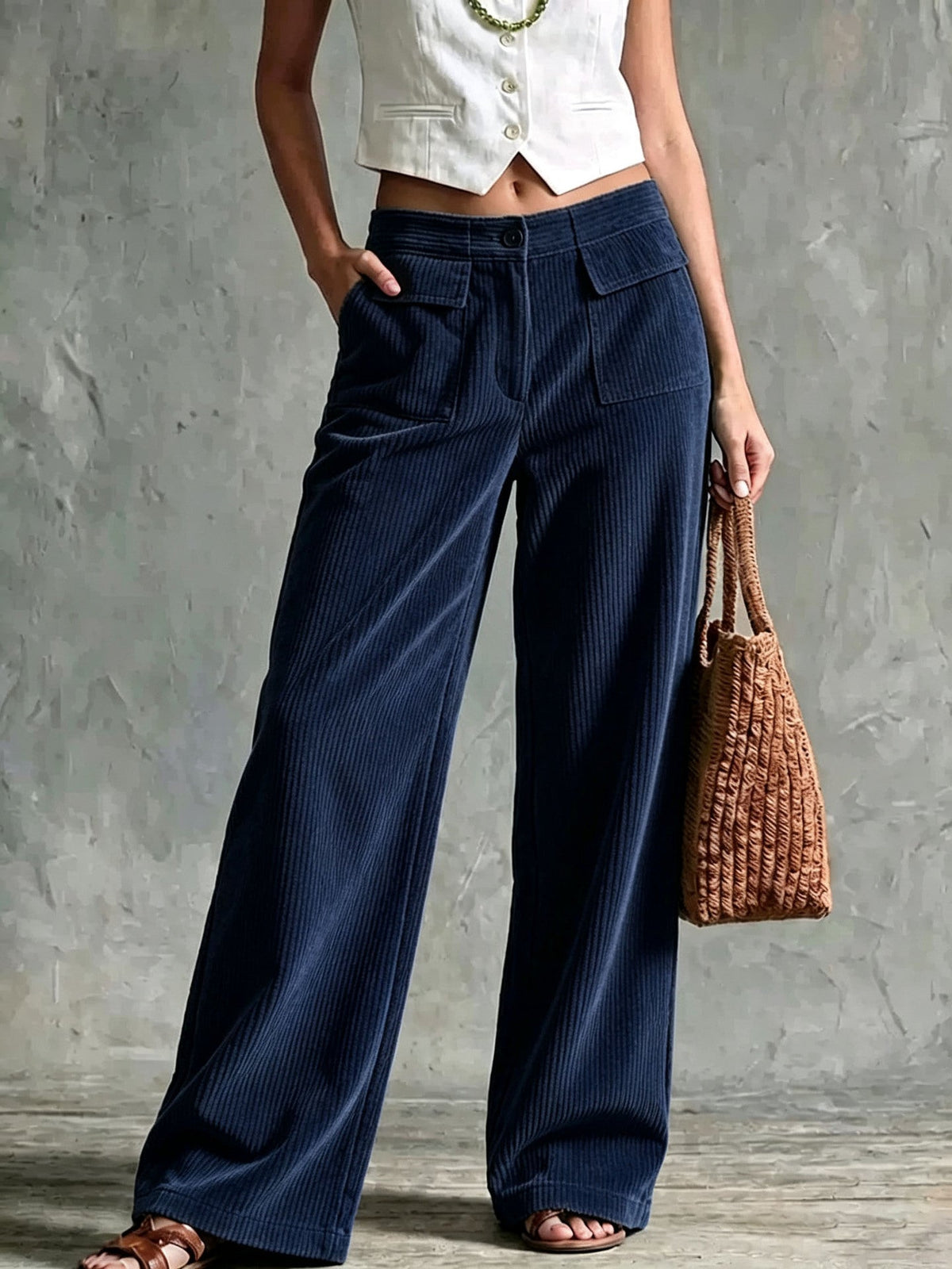 Womens wide leg corduroy pants in Navy, front view