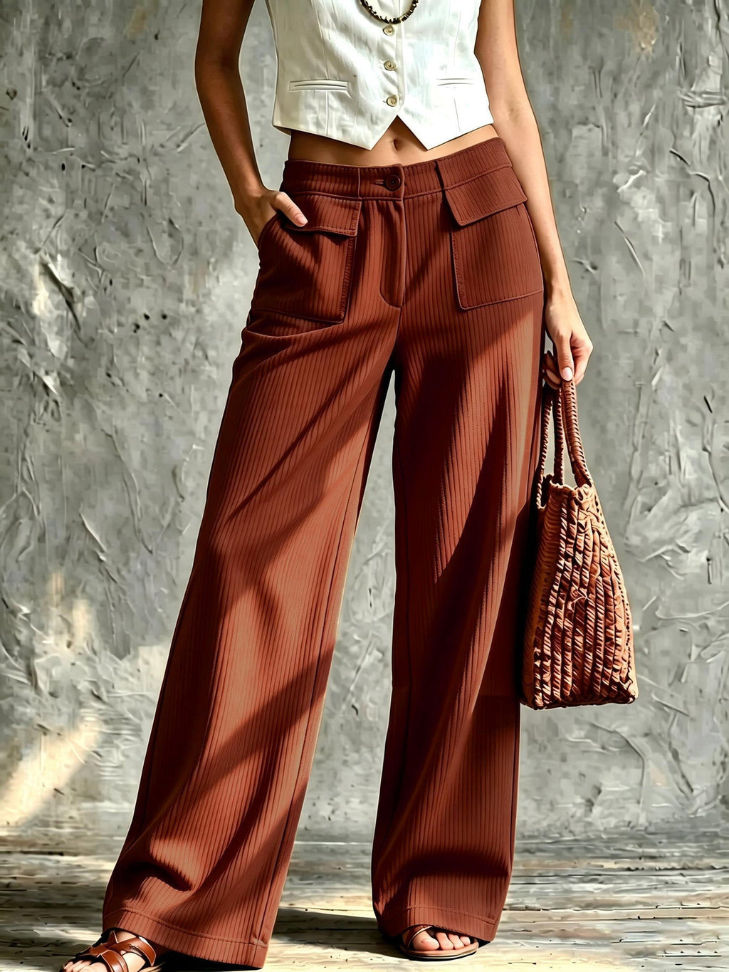 Womens wide leg corduroy pants in Brown, front view