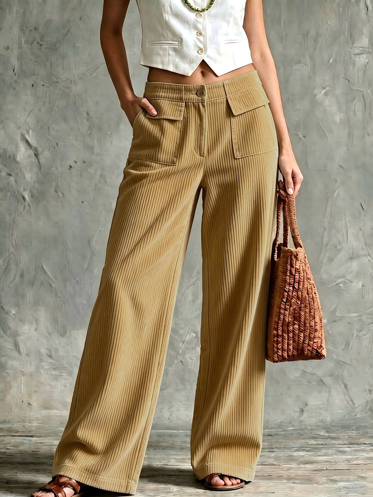 Womens wide leg corduroy pants in Khaki, front view with patch pockets