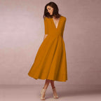 Womens A line midi dress with deep V neck in Mustard, front view
