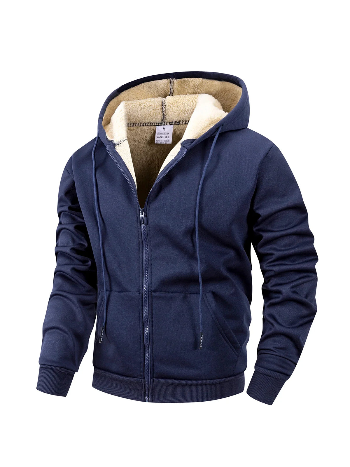 Mens zip up hoodie with sherpa lining in Navy, front view, sherpa lined hood