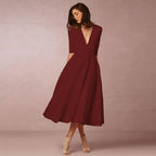 Womens A line midi dress with deep V neck in Burgundy, front view