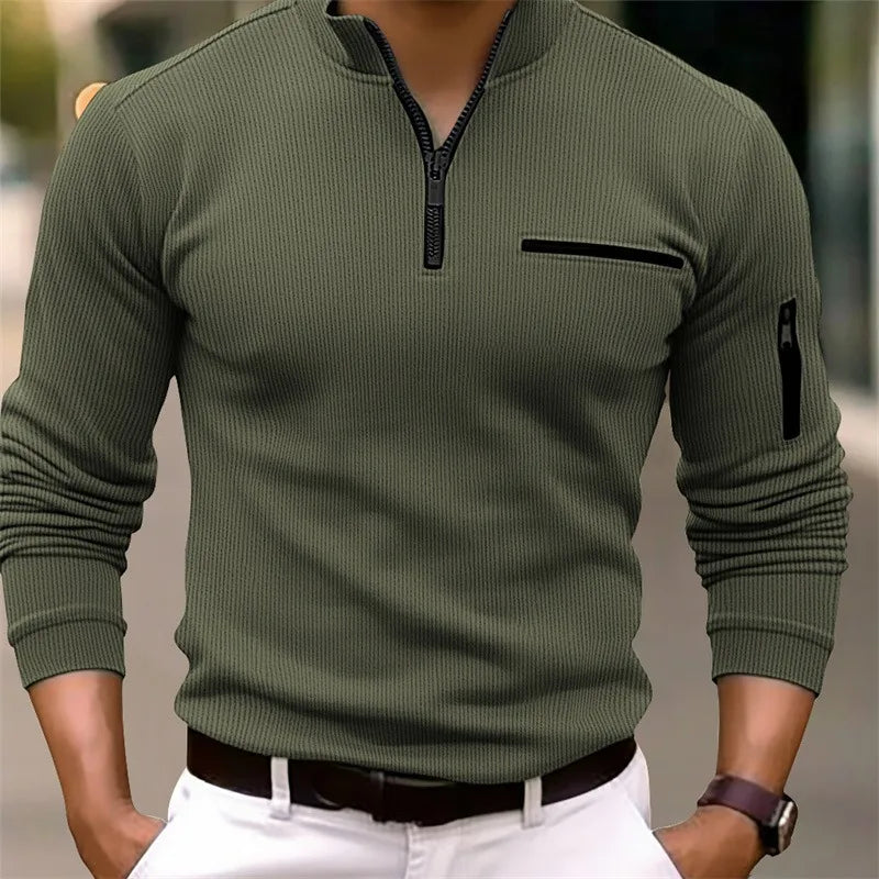 Army Green ribbed Half Zip Top for Men with Sleeve Zip Pocket