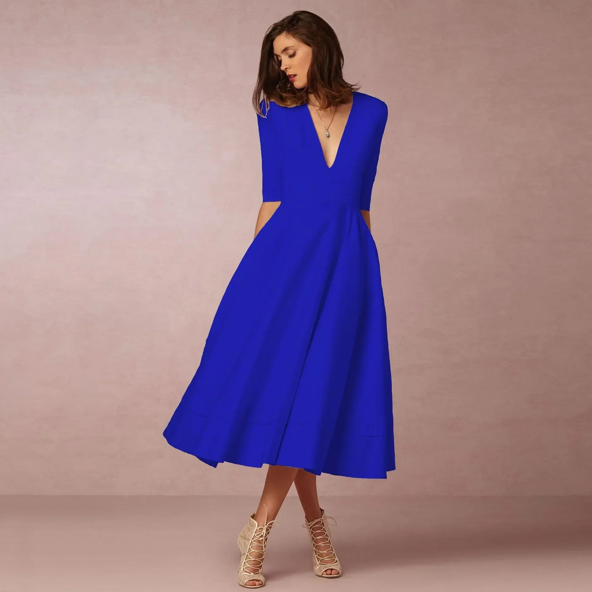 Womens A line midi dress with deep V neck in Blue, front view