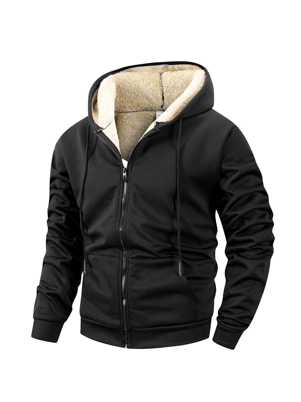 Mens zip up hoodie with sherpa lining in Black, front view, sherpa lined hood