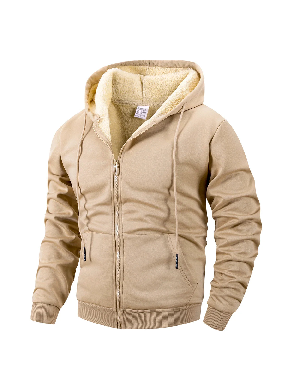 Mens zip up hoodie with sherpa lining in Beige, front view, sherpa lined hood