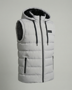 Mens puffer vest with hood in Gray, product view, hood and drawcords
