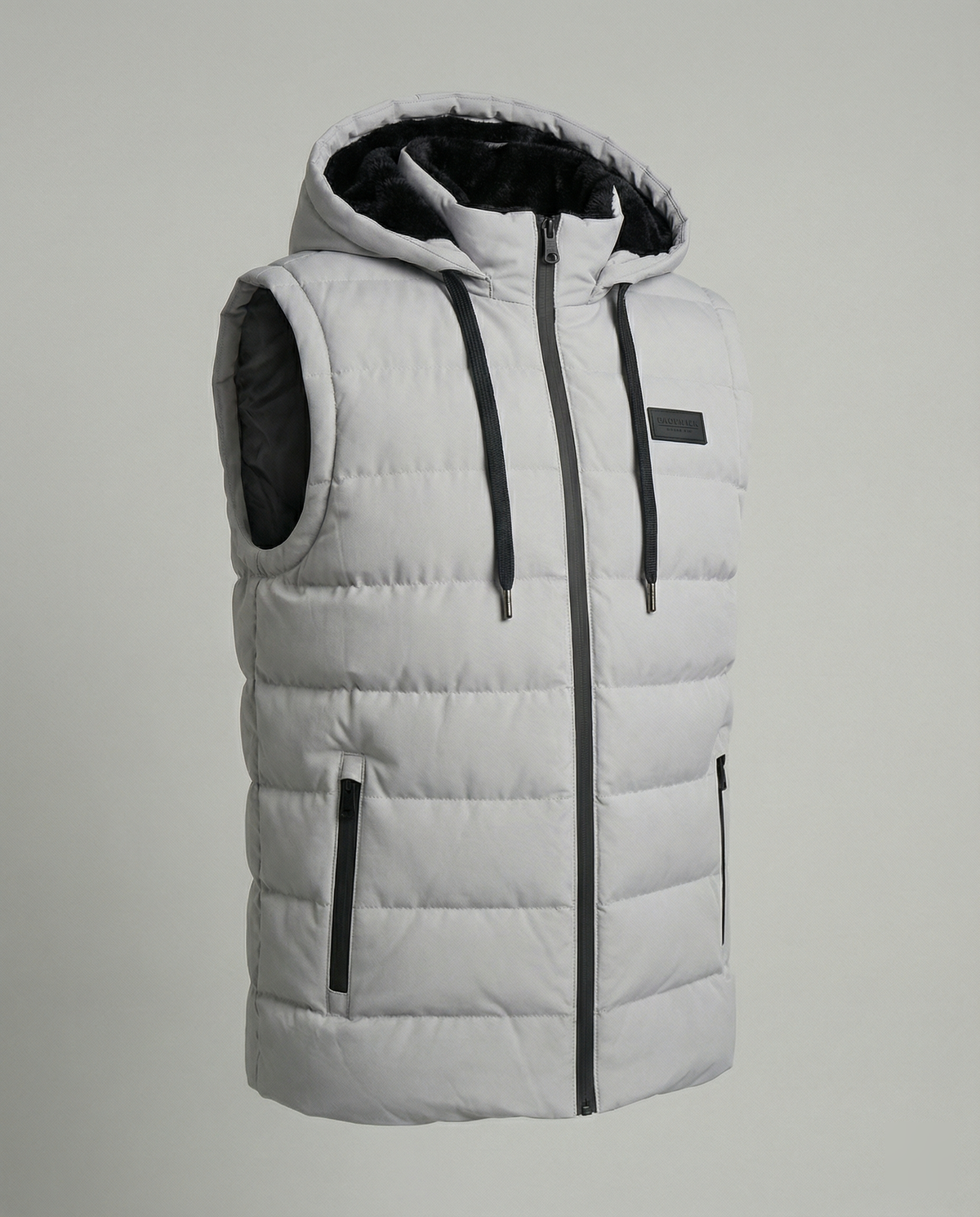 Mens puffer vest with hood in Gray, product view, hood and drawcords