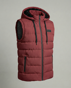 Mens puffer vest with hood in Burgundy, product view, hood and drawcords