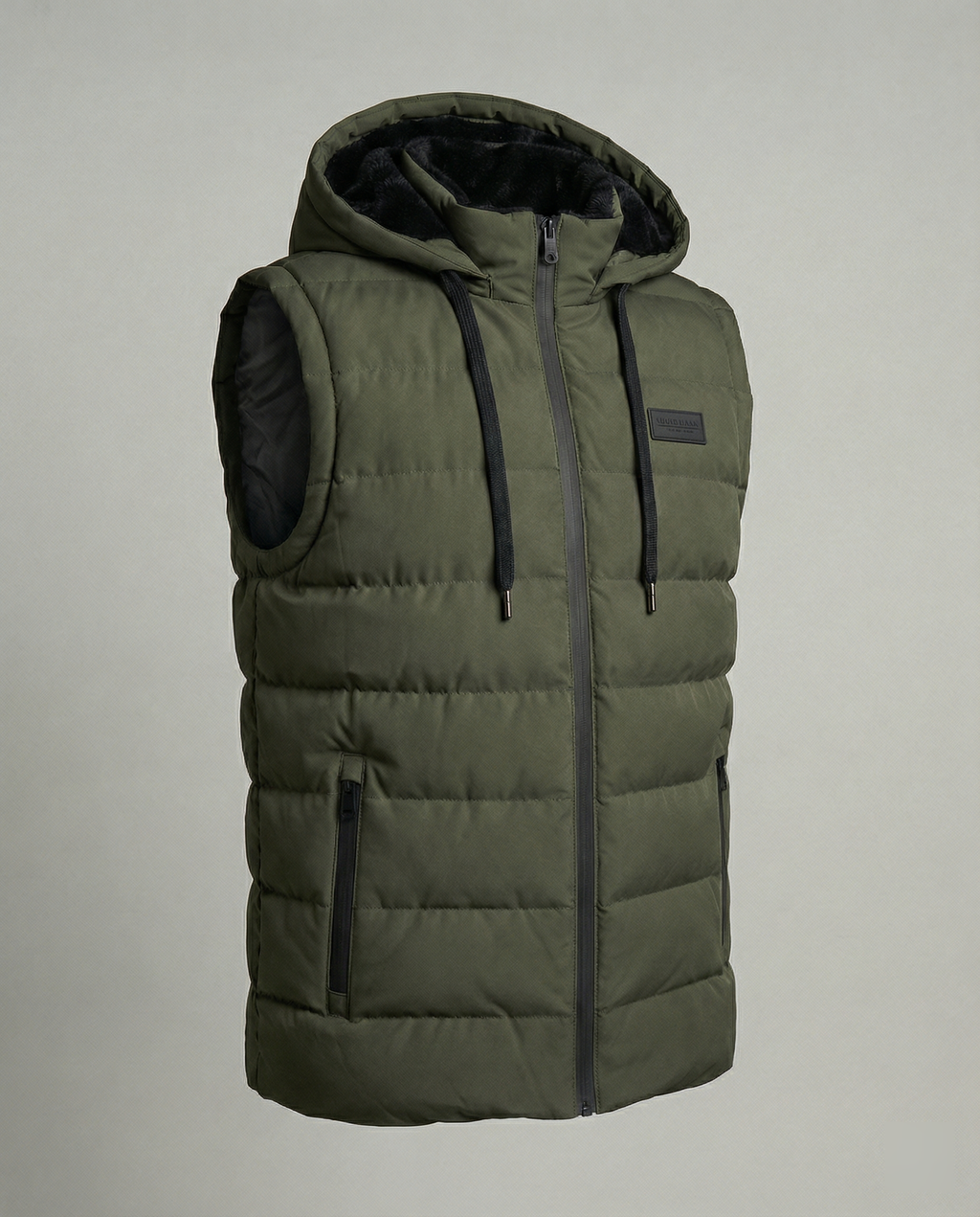 Mens puffer vest with hood in Olive, product view, hood and drawcords
