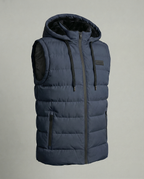 Mens puffer vest with hood in Navy, product view, hood and drawcords