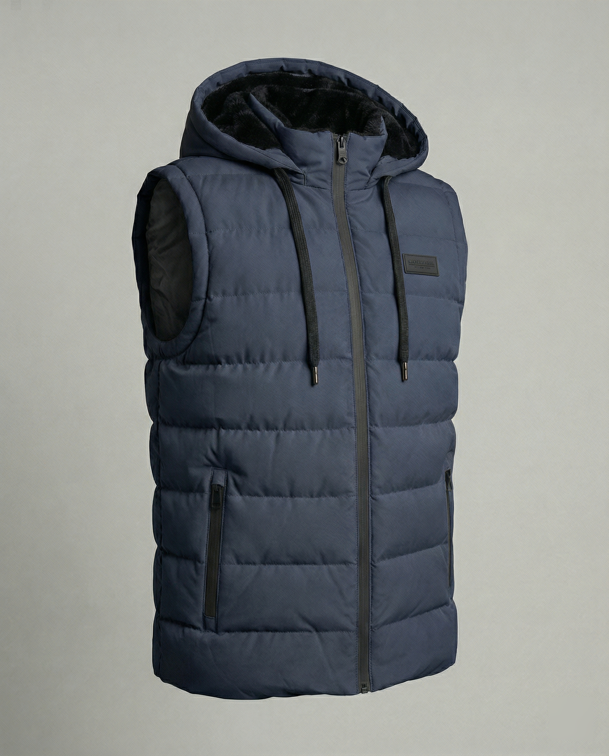 Mens puffer vest with hood in Navy, product view, hood and drawcords