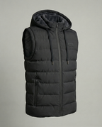 Mens puffer vest with hood in Black, product view, hood and drawcords