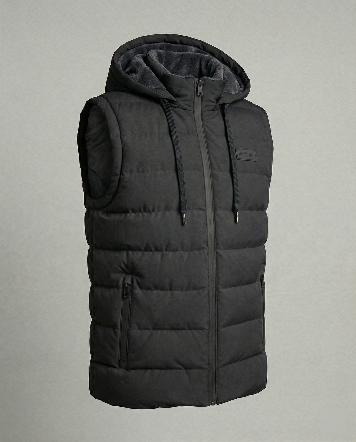 Mens puffer vest with hood in Black, product view, hood and drawcords