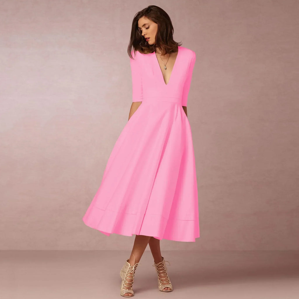 Womens A line midi dress with deep V neck in Pink, front view