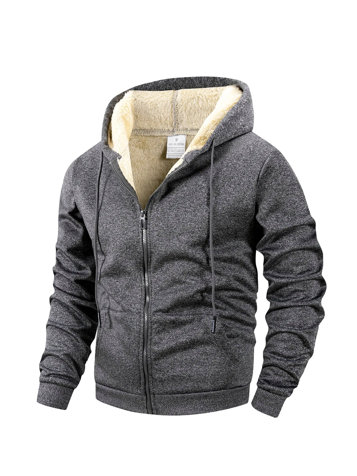 Mens zip up hoodie with sherpa lining in Charcoal, front view, sherpa lined hood
