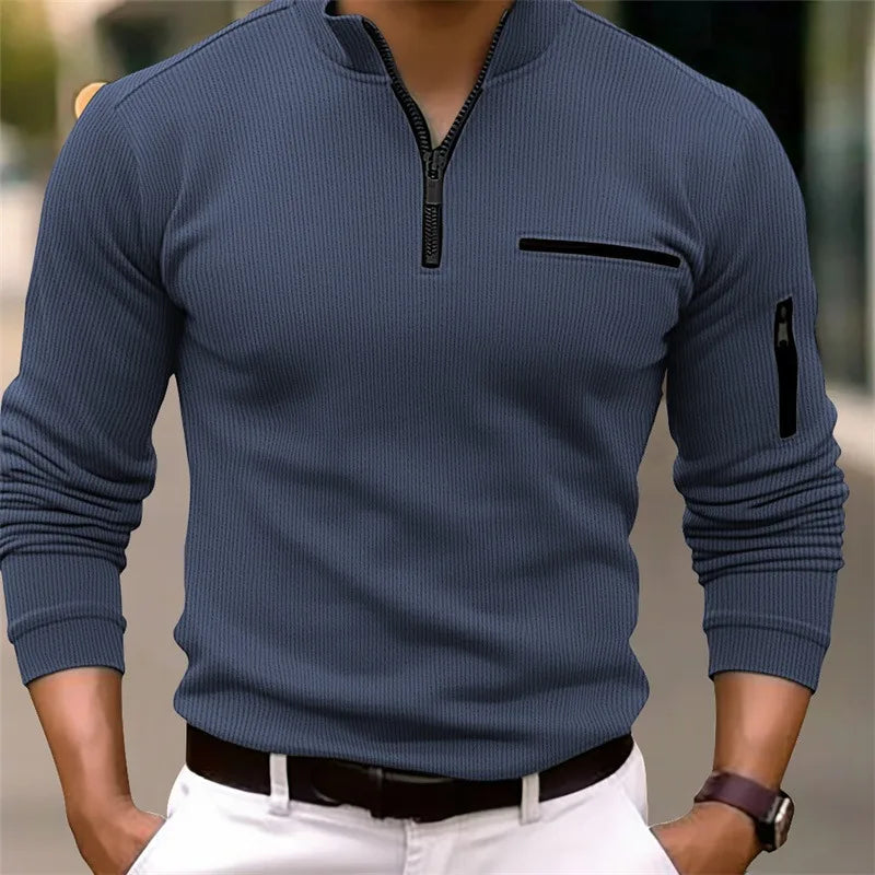 Dark Blue ribbed Half Zip Top for Men with Sleeve Zip Pocket