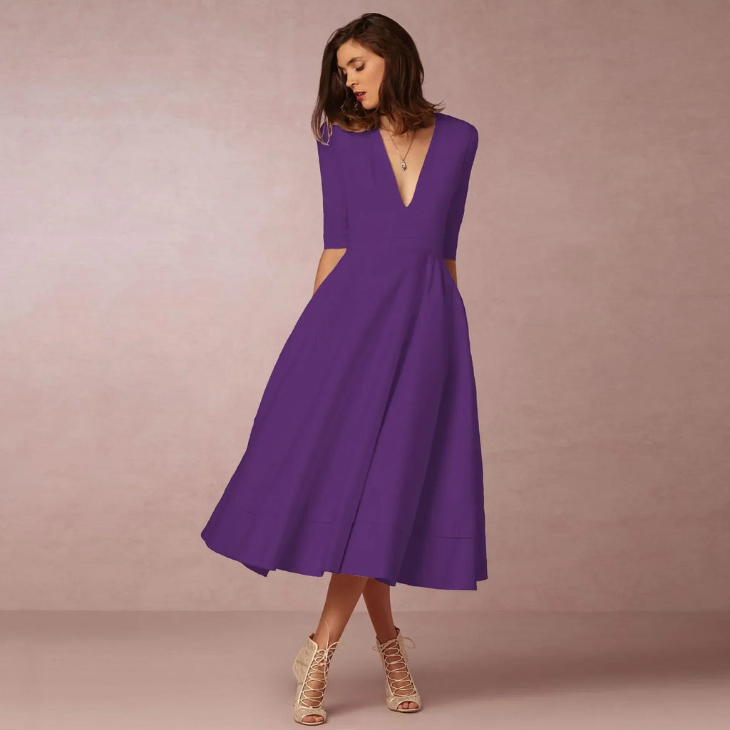Womens A line midi dress with deep V neck in Purple, front view