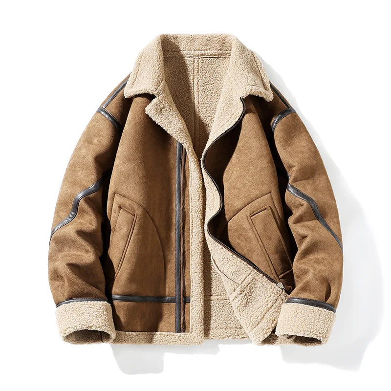 Notch Lapel Suede Aviator Jacket with Shearling Lining