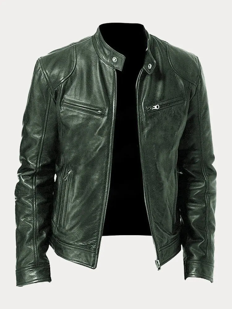Green Leather Racer Jacket for men