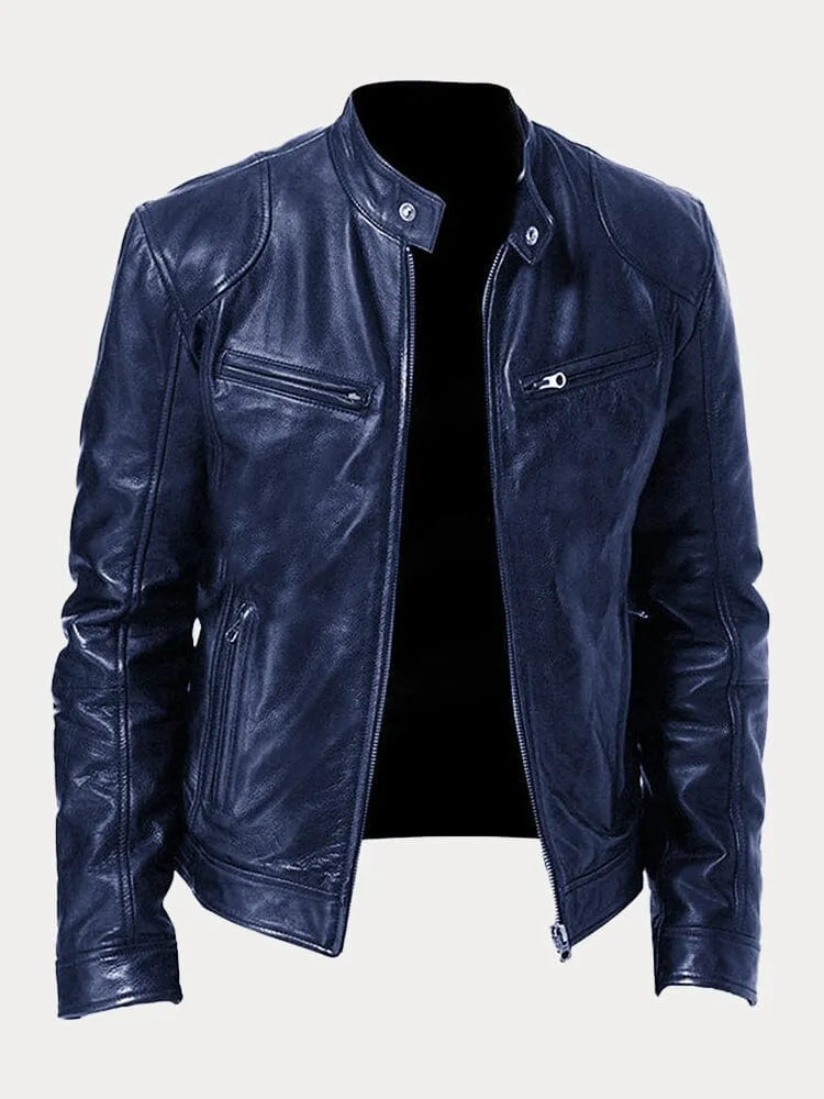 Navy Leather Racer Jacket for men
