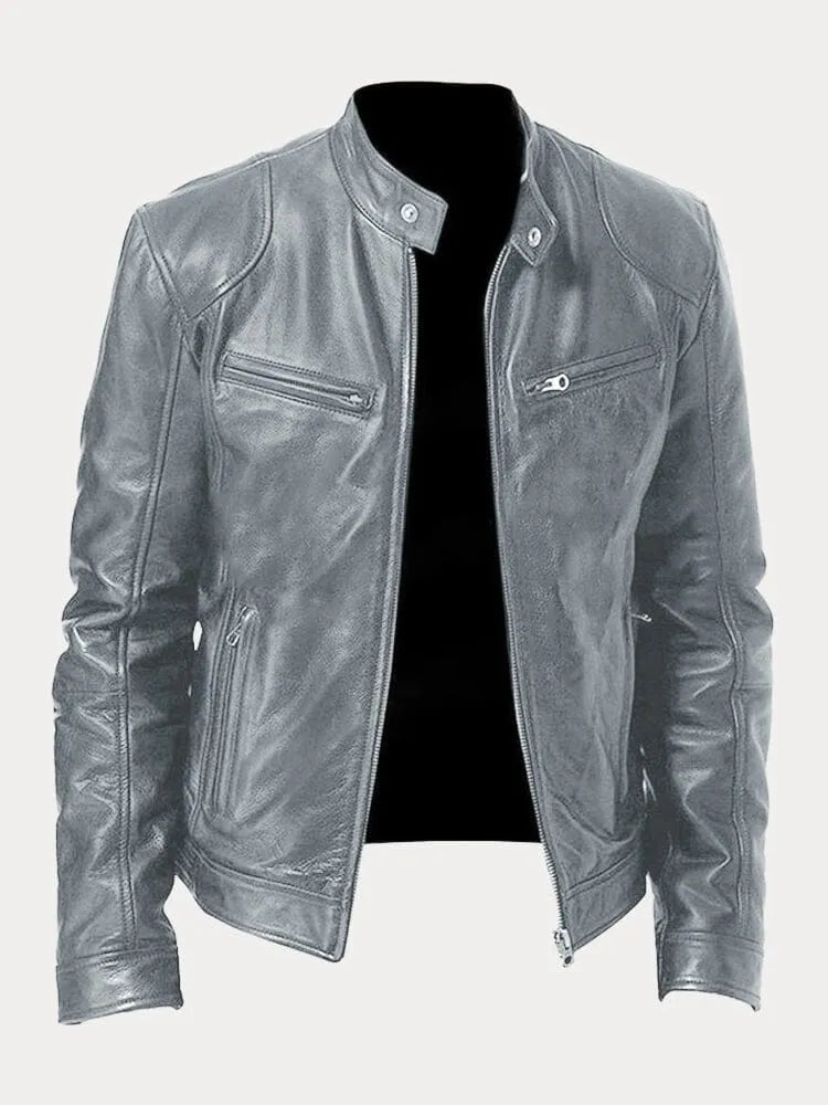 Gray Leather Racer Jacket for men