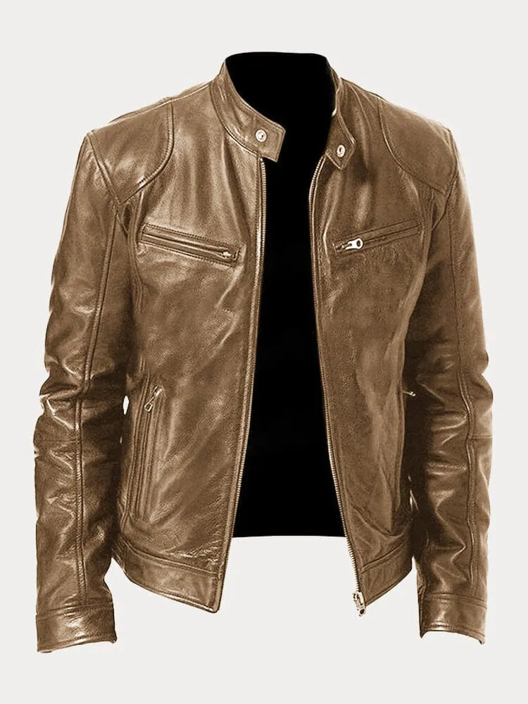 Khaki Leather Racer Jacket for men