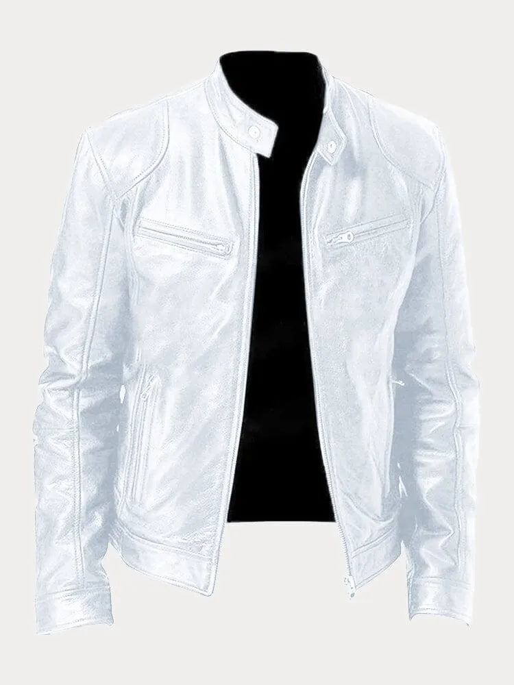 White Leather Racer Jacket for men