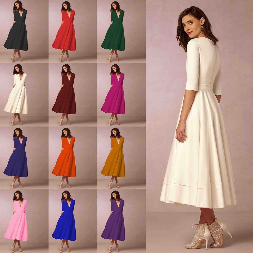 Womens A line midi dress color chart, with a back view in White