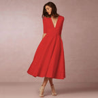Womens A line midi dress with deep V neck in Red, front view