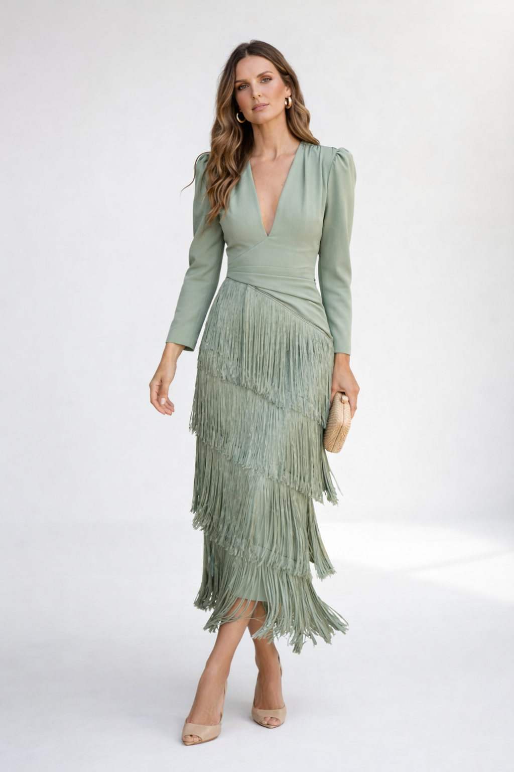 Womens fringe midi dress in Sage, front view