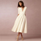 Womens A line midi dress with deep V neck in White, front view