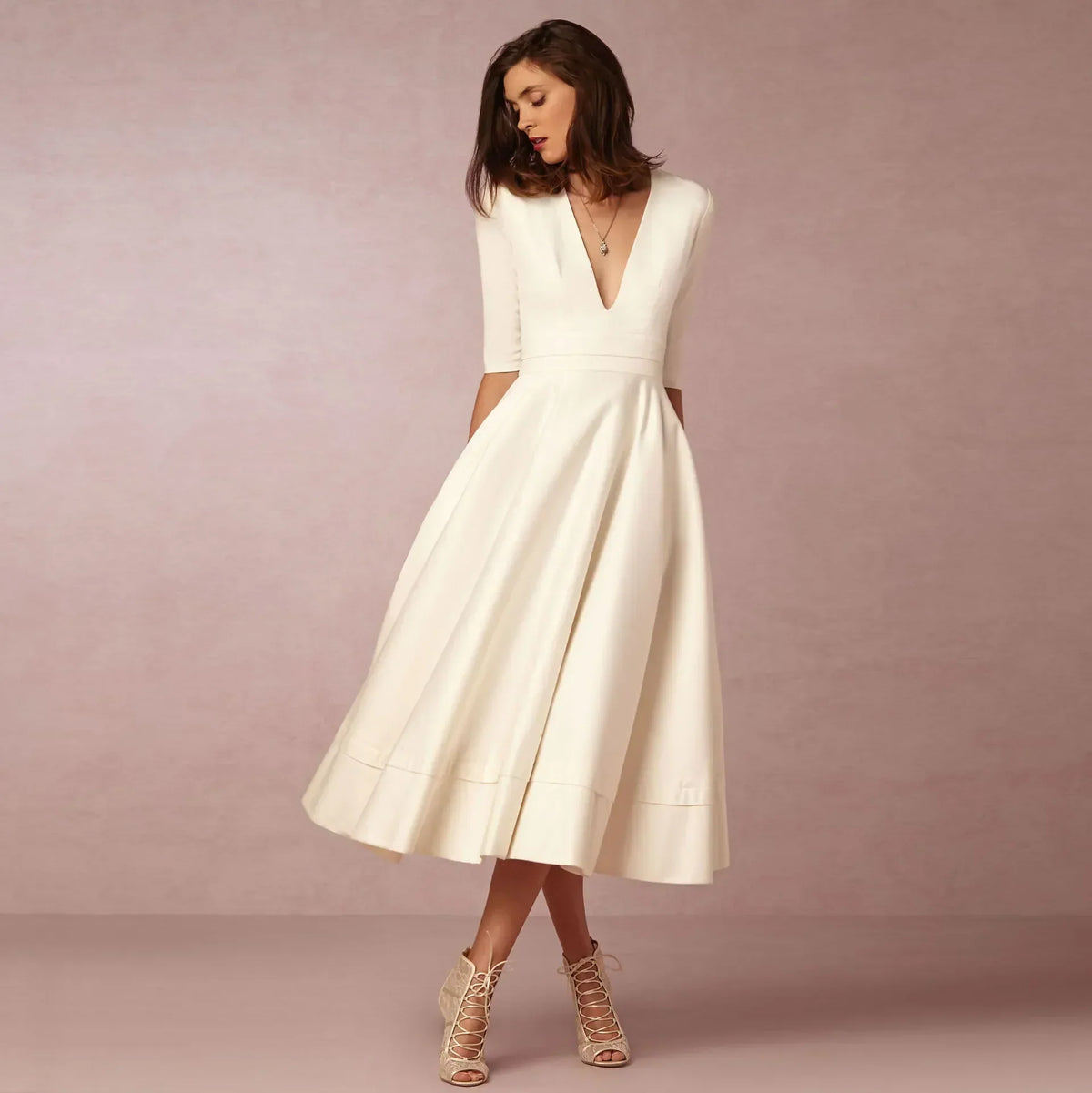 Womens A line midi dress with deep V neck in White, front view