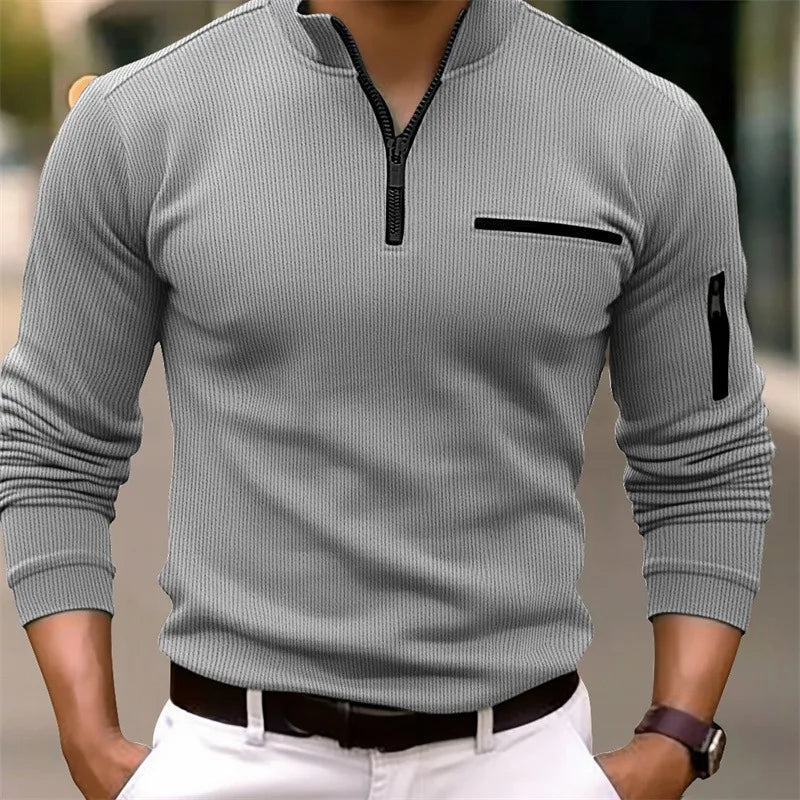 Gray ribbed Half Zip Top for Men with Sleeve Zip Pocket