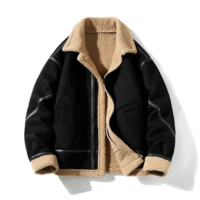 Notch Lapel Suede Aviator Jacket with Shearling Lining