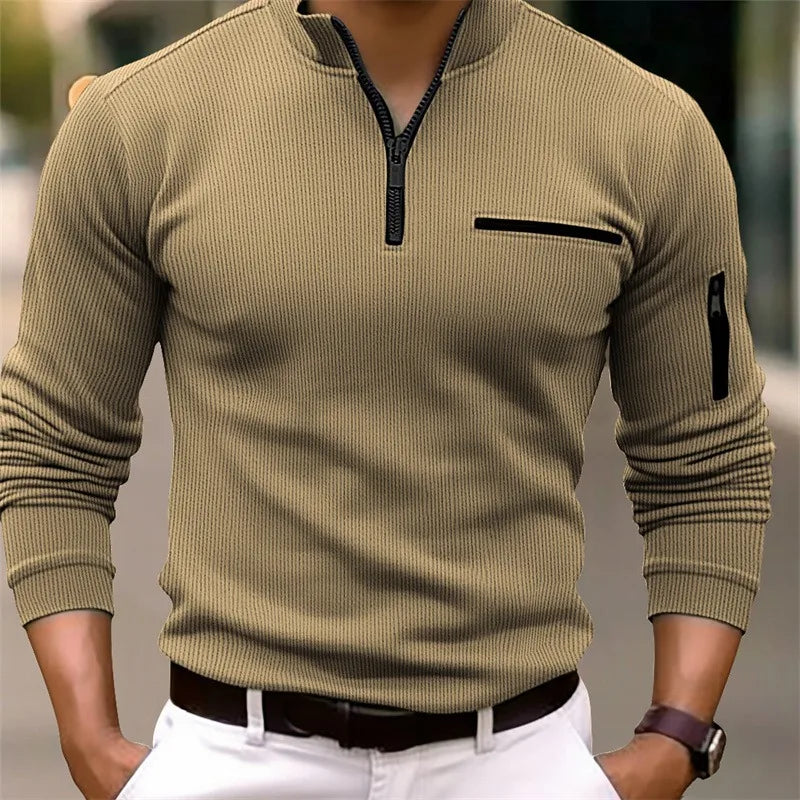 Khaki ribbed Half Zip Top for Men with Sleeve Zip Pocket