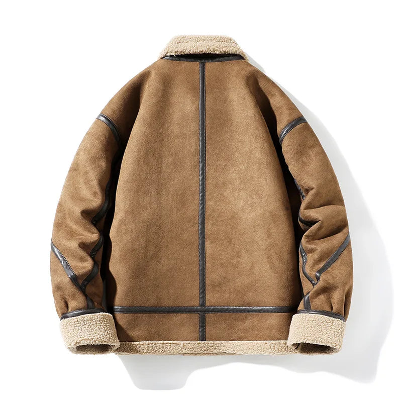 Notch Lapel Suede Aviator Jacket with Shearling Lining