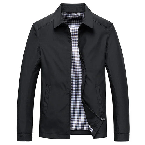 Mens harrington jacket in Black, front view showing the check lining