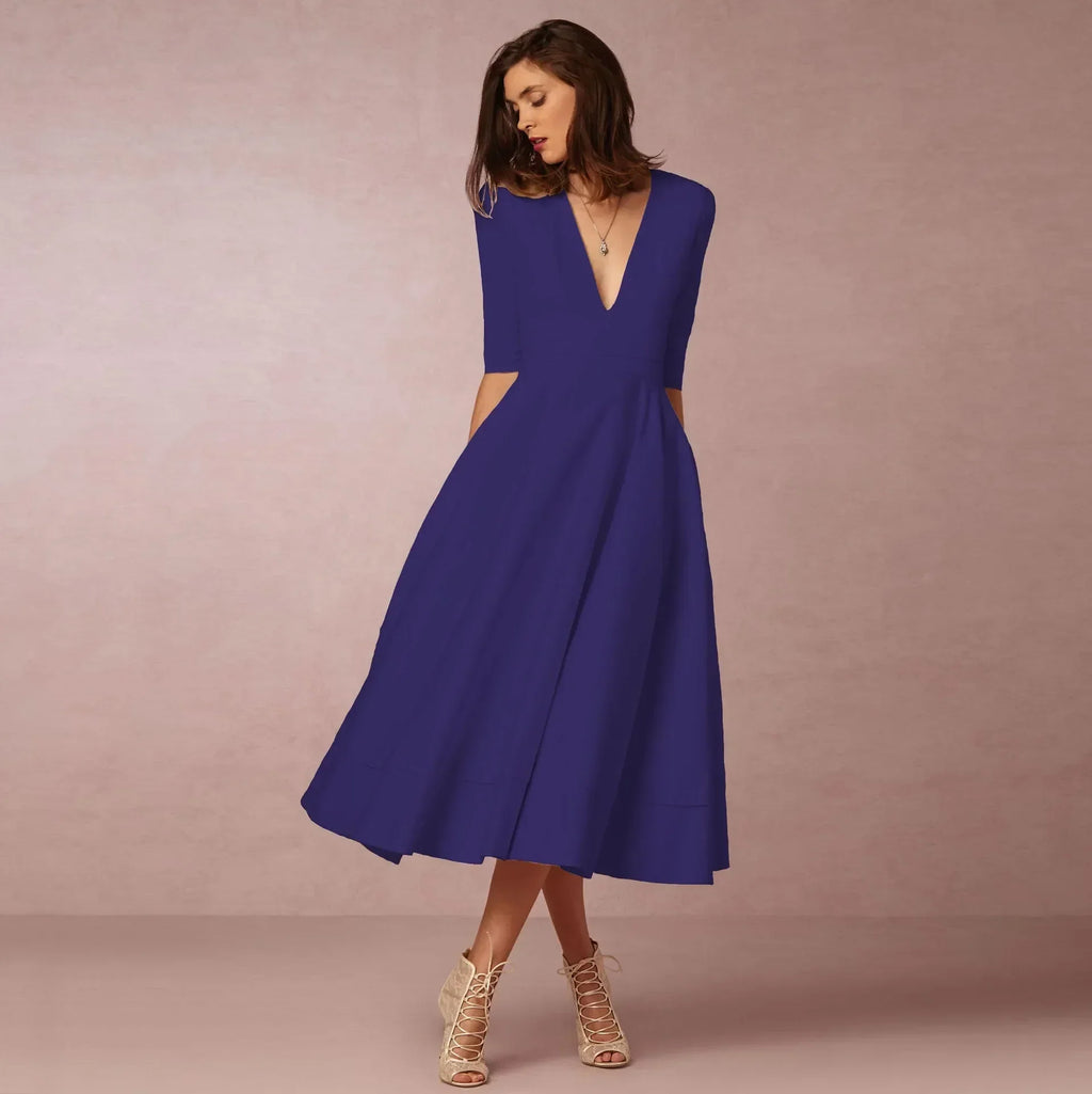 Womens A line midi dress with deep V neck in Indigo, front view